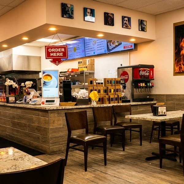 Interior of a restaurant with a counter, menu screens, tables, chairs, and a large flame-grilled meat picture.