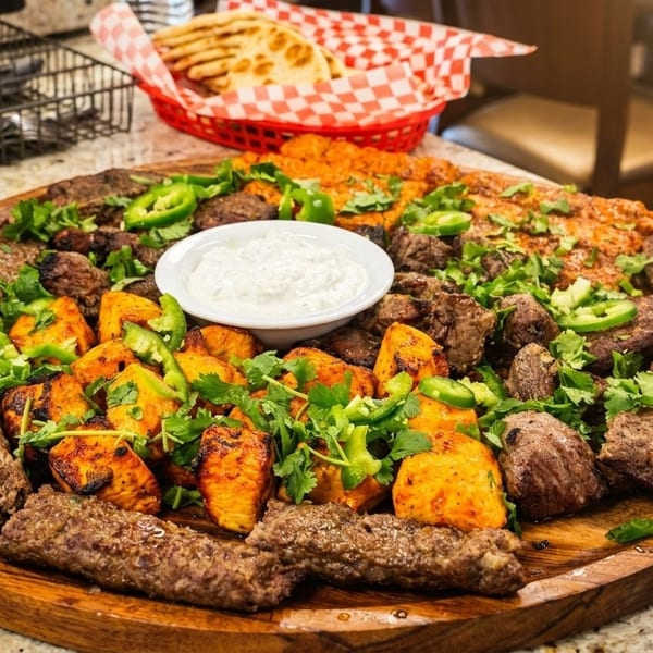 A large wooden platter filled with various grilled meats, roasted vegetables, and a white dipping sauce.
