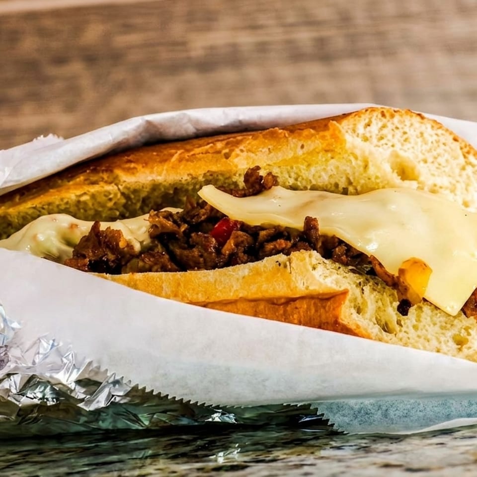 Cheesesteak sandwich with melted cheese, steak, and peppers, wrapped in paper and foil.