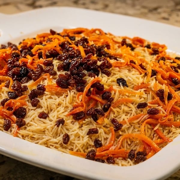 A white platter filled with Afghan Kabuli Palaw, featuring rice, carrots, and raisins.