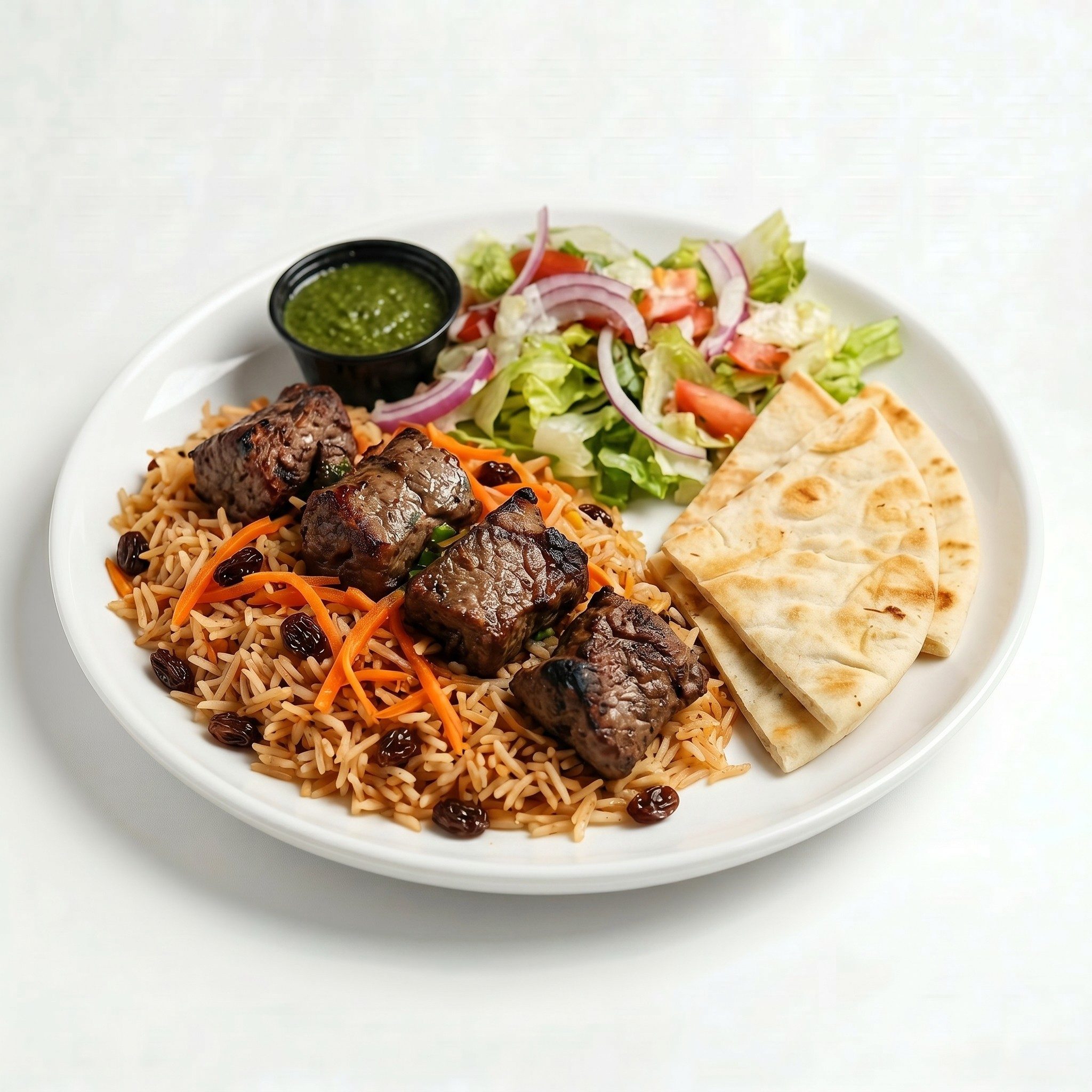 Qabuli Palow with Beef Kabob.